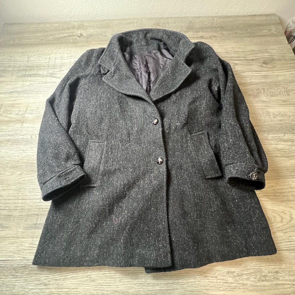 Unbranded Overcoat Mens L Charcoal Grey Wool Blend Vintage Car Coat Speckled